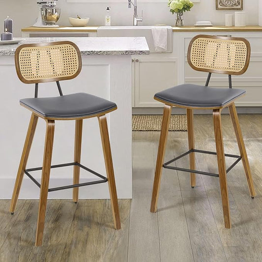 Counter Height Bar Stools Set of 2, Mid Century Modern Counter Stools, 26" Wood Kitchen Stool PU Leather Upholstered Barstools with Rattan Back, Counter Height Island Dining Bar Chair,Grey
