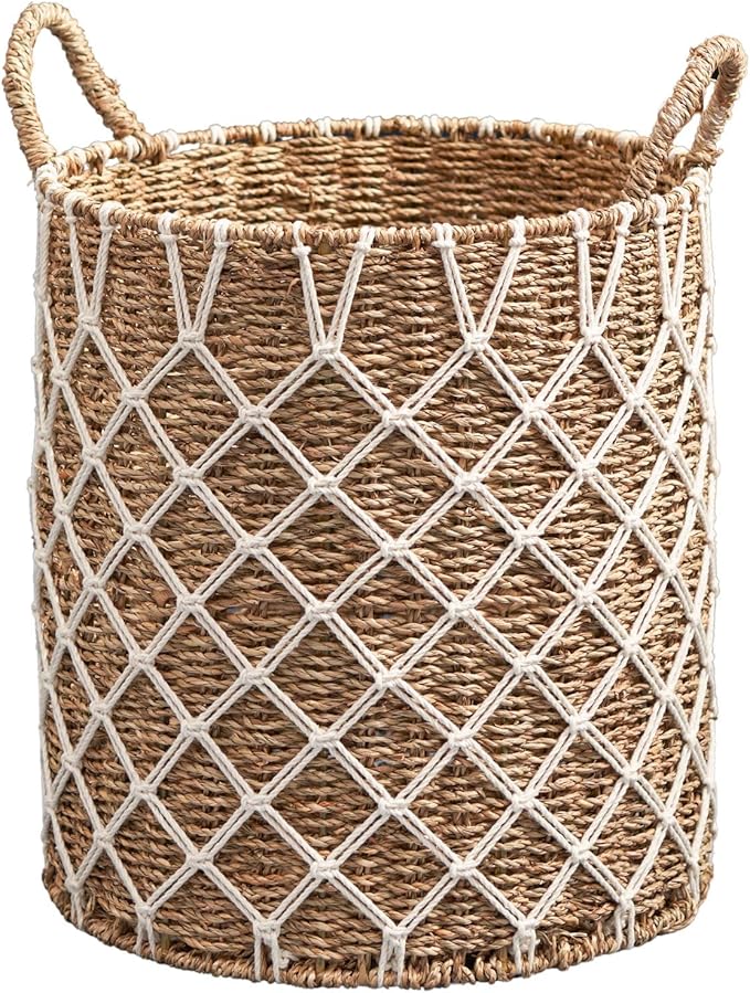 Hubertus Round Water Hyacinth Woven Basket with Handles (15" x 15" x 18.5" - Natural Brown) - Ideal for Halloween, Thanksgiving, and Home Organization