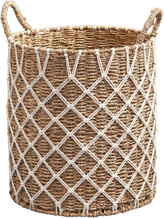 Hubertus Round Water Hyacinth Woven Basket with Handles (15" x 15" x 18.5" - Natural Brown) - Ideal for Halloween, Thanksgiving, and Home Organization