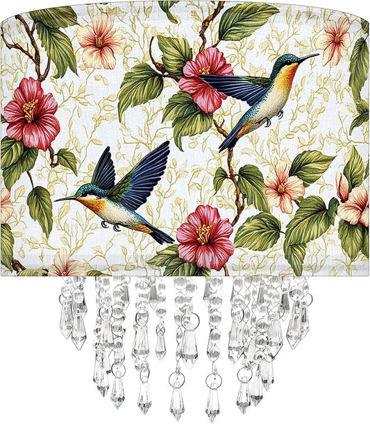 Star Vision Hummingbird Floral Drum Fabric Lampshade with Acrylic Beaded Droplets, Natural Botanical Light Shade for Pendant Table Wall & Floor Lamps, Garden-Themed Bedroom Living Room Entryway Décor