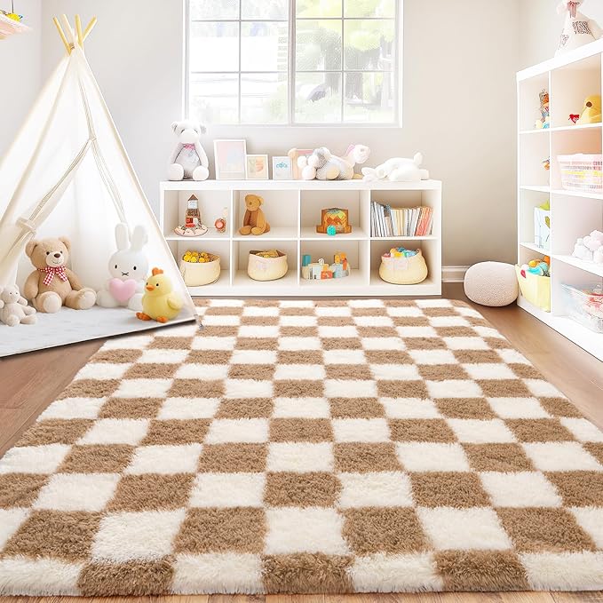 Checkered Rugs for Bedroom, Ultra Fluffy Fuzzy Shag Area Rug for Living Room 5x7, Modern Plush Soft Upgrade Non-Slip Carpet for Kids Girls and Boys Room Dorm Nursery Home Decor, Cream and Camel
