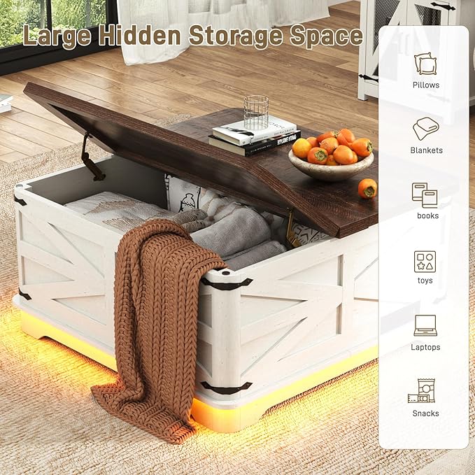 36" Farmhouse LED Lift Top Coffee Table with Storage and Power Outlets, Square Wood Living Room Tables with LED Lights & Large Hidden Space, Lift Wooden Barn Door Center Table, Rustic White