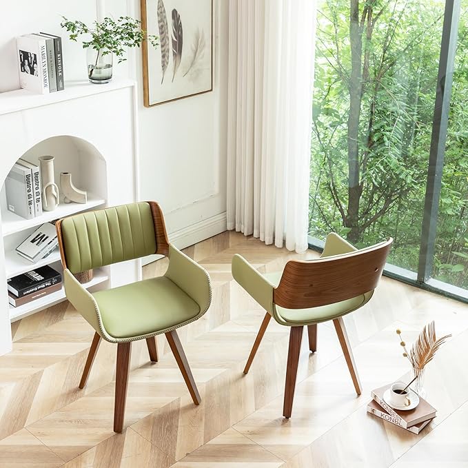 LUNLING Mid Century Modern Dining Chairs Set of 2,Swivel Accent Faux Leather Desk Chairs, with Wooden Legs/Armrest/Upholstered Seat/Adjustable Foots for Kitchen Dining Room Desk Chairs(Green)