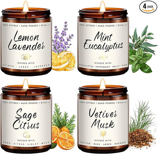 Scented Candles Set | Scented Candle for Home - 4 Pack Candle Gifts, Soy Candles for Home - Aromatherapy Gift of Mint Eucalyptus/Lemon Lavender/Sage Citrus/Vetiver Musk