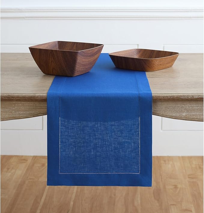Solino Home Linen Royal Blue Table Runner 90 Inches Long - 100% Pure Linen 14 x 90 Inch Table Runner for Christmas - Classic Hemstitch