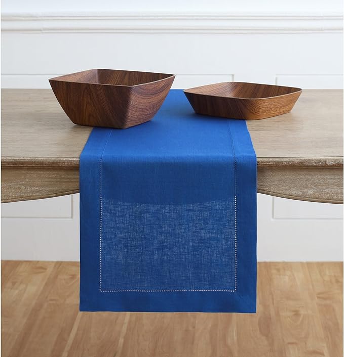 Solino Home Linen Royal Blue Table Runner 36 Inches - Classic Hemstitch, 100% Pure Linen Coffee Table Runner 14 x 36 Inch Ideal for Dresser Tables
