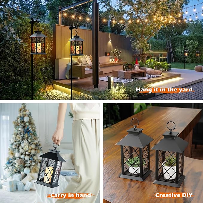 13.4" Lanterns Decorative Indoor, Black Lantern Decor with Timer Flickering Candle, Diamond-shaped Outdoor Lanterns, Waterproof Hanging Lantern for Patio, Porch, Entryway, Centerpieces, 2 Pack