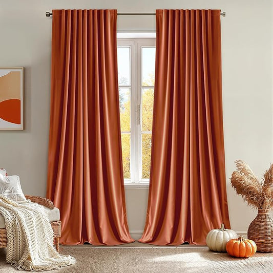 MIULEE Fall Burnt Orange Velvet Curtains 90 Inches Long 2 Panels - Back Tab and Pleated Luxury Window Curtains for Bedroom Living Room Blackout Thermal Insulated Soft Drapes Terracotta Rust Decor