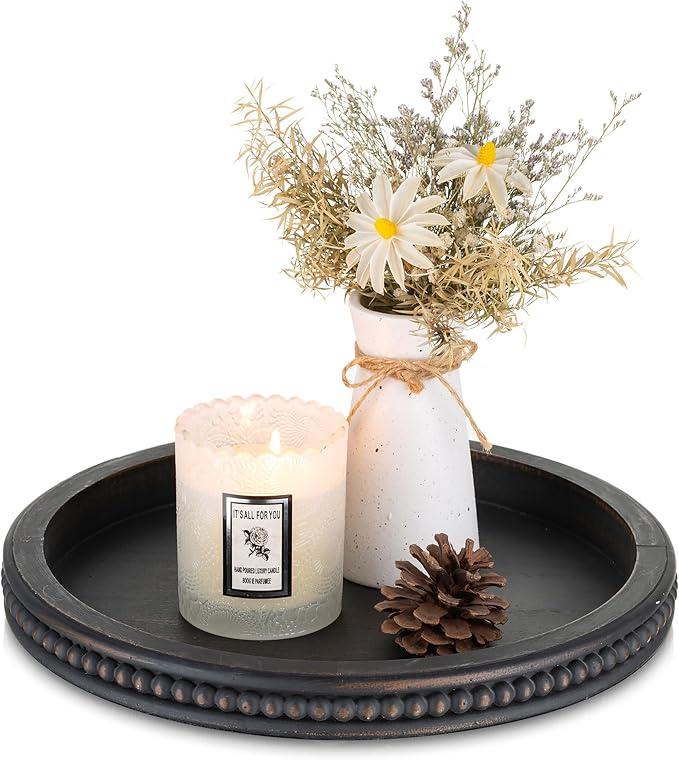 Hanobe Decorative Coffee Table Tray: Modern Farmhouse Beaded Round Tray Decor Rich Dark Brown Circle Wooden Ottoman Serving Platter for Centerpieces Kitchen Counter Bathroom