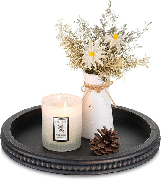 Hanobe Decorative Coffee Table Tray: Modern Farmhouse Beaded Round Tray Decor Rich Dark Brown Circle Wooden Ottoman Serving Platter for Centerpieces Kitchen Counter Bathroom