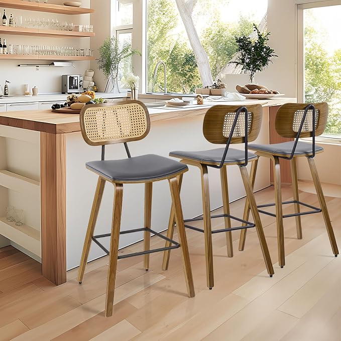 Counter Height Bar Stools Set of 3, Mid Century Modern Counter Stools, 26" Wood Kitchen Stool PU Leather Upholstered Barstools with Rattan Back, Counter Height Island Dining Bar Chair, Grey