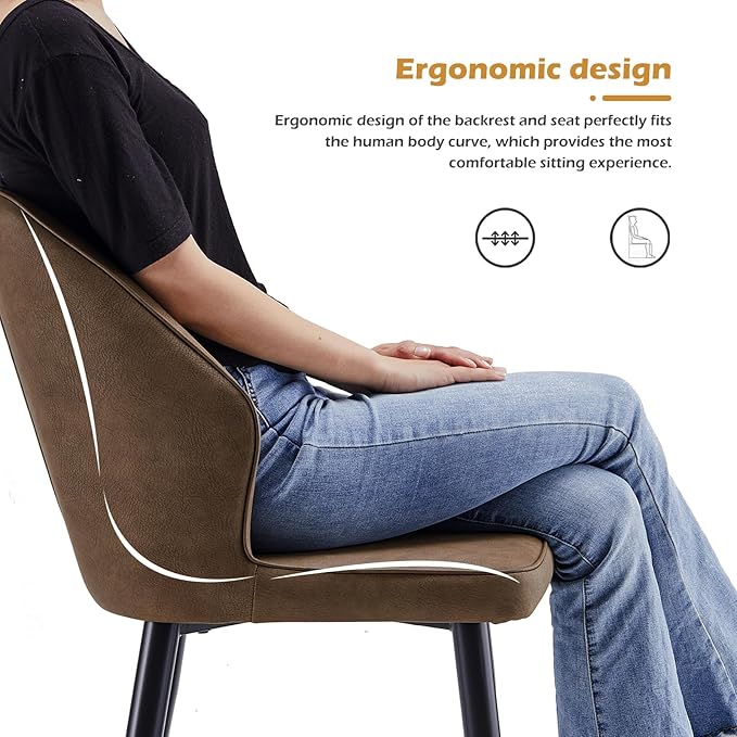 CLIPOP Faux Leather Dining Chairs Set of 4, Mid Century Modern Kitchen Chair, Upholstered Seat Leisure Side Chair with Backrests, Metal Legs for Living Room, Lounge, Guest Room, Brown