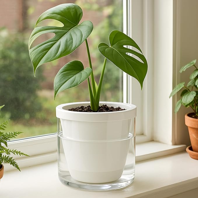 D'vine Dev 6 Inch Design Self Watering Planter for Indoor Plants, White Terracotta Pots with Cylinder Glass Cup, Set of 2, 37-Y-B-2