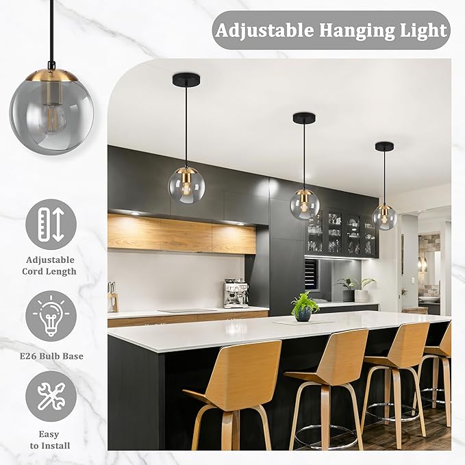 KoKo&Yukina 6 Inch Globe Pendant Light Gold Globe Pendant Lights Kitchen Island Mid Century Light Fixture with Grey Glass Shade for Dining Room