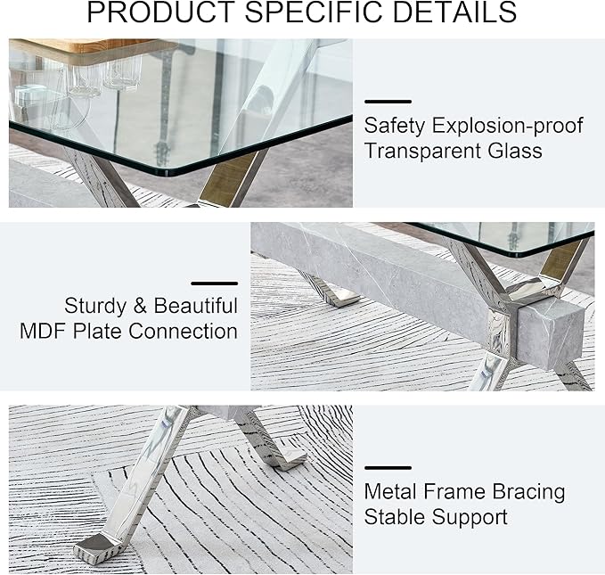 11 Piece Glass Dining Table Set, 79" Modern Dining Table Set for 10, 0.5" Thick Tempered Glass Tabletop with Silver Chrome Metal Legs and Grey Crossbar, 10 PU Chairs for Dining Room, Kitchen