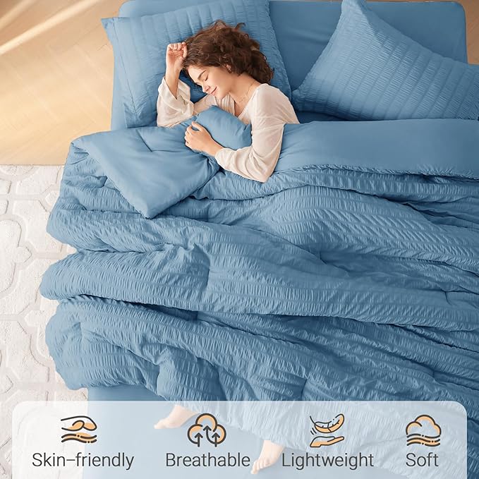 MUXHOMO 7 Pieces Full Comforter Set, Seersucker Bed in a Bag Full Size, All Season Luxury Bedding Set with Comforter, Flat Sheet, Fitted Sheet, Pillowcases & Shams, Mineral Blue