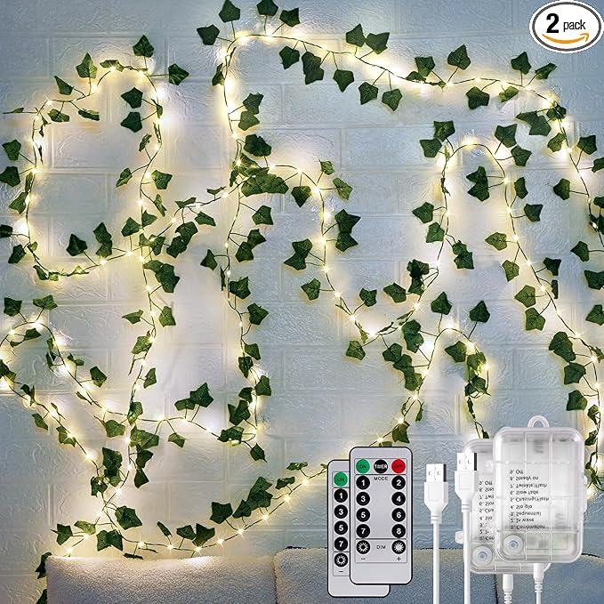 OMIKA 2 Pack 40FT 120LED Vine Fairy Lights Battery Operated, 8 Modes & Timer Ivy String Lights with Remote, Green Leaf Light for Indoor Bedroom Classroom Wall Garden Party Wedding Decor (Warm White)
