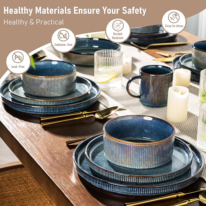 GBHOME Stoneware Dinnerware Sets for 4,Round Reactive Glaze Ceramic Plates and Bowls Set,Highly Scratch Resistant | Dishwasher & Microwave Safe Dishes Set,Service for 4(12Pcs)