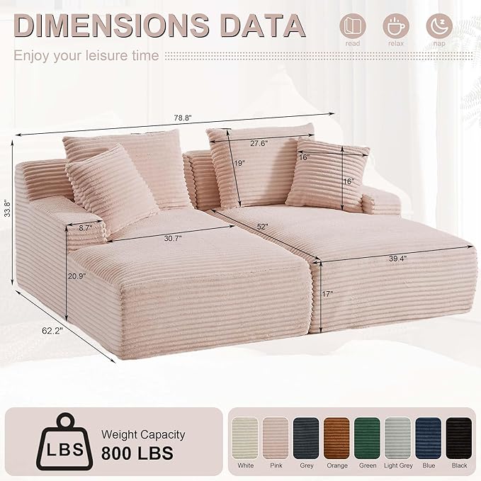 GNIXUU 78.8" Oversized Double Chaise Lounges Indoor, 2 Pieces Comfy Corduroy Chaise Lounge Chair Cloud Boneless Couch, Fluffy Upholstered Sleeper Loveseat Bed for Living Room Bedroom Reading(Pink)