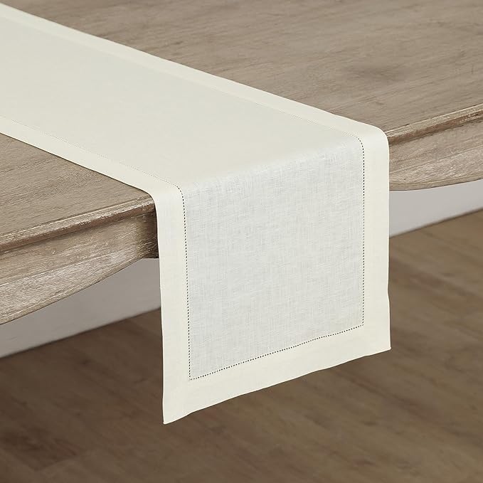 Solino Home Linen Ivory Table Runner 144 Inches Long - 100% Pure Linen Extra Long Table Runner 14 x 144 Inch for Fall, Autumn, Thanksgiving, Christmas - Classic Hemstitch