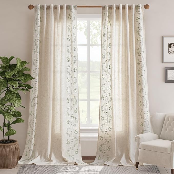 jinchan Belrose Linen Curtains for Bedroom Floral Curtains 108 Inch Length Linen Blend Sage Green Embroidered Drapes Farmhouse Flower Patterned Drapes for Living Room Window Treatments Set 2 Panels