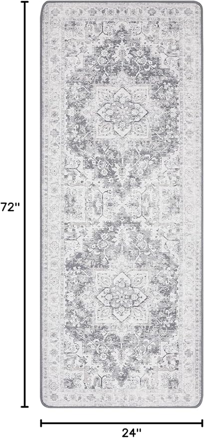 GENIMO Runner Rug 2x6, Machine Washable Non Slip Vintage Hallway Runner Rug, Low Pile Lightweiht Mat for Living Room, Entryway, Bedroom, Kitchen and Corridor, Gray