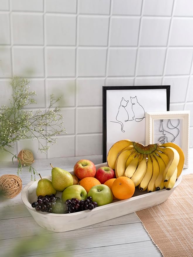 Wooden Dough Bowl - Large Rustic White Acacia Wood - Handmade Decorative Bowls for Home Decor, Bathroom, Kitchen Counter, & More - Rustic Large Wood Dough Bowl for Decor, Cosmetics, and Keys