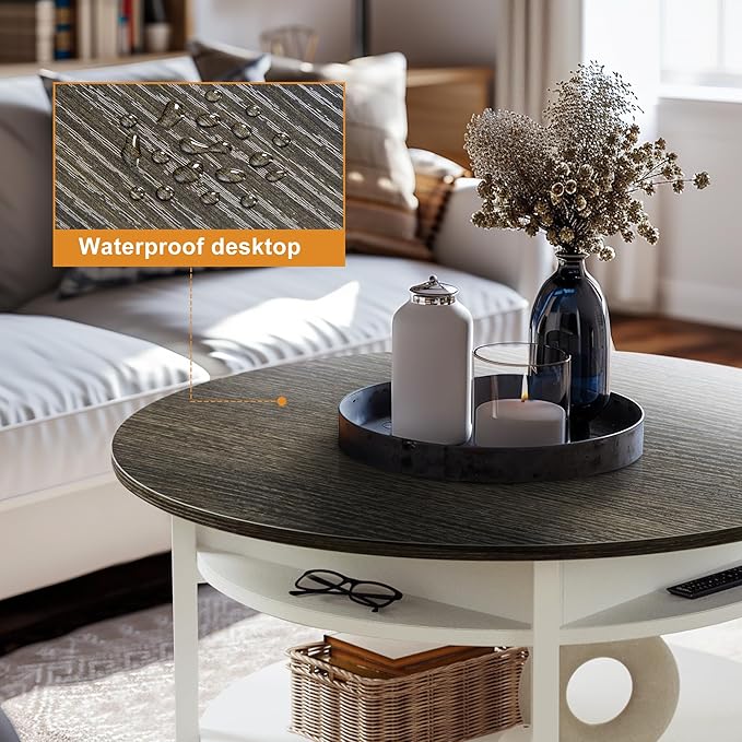 FABATO 35.43”Round Lift-Top Coffee Table Large Storage with Hidden Compartment Round Coffee Table 2-Tier Farmhouse Style Living Room Table Round Dining Coffee Table,White