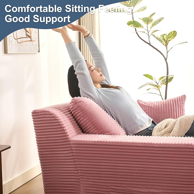 63" Oversized Chaise Lounge Chair Indoor, Extra Cloud Layer, Convertible Sleeper Sofa Couch with Removable Pillows & Side Pockets, Corduroy Upholstered Sofa Bed with Armrests for Living Room, Pink