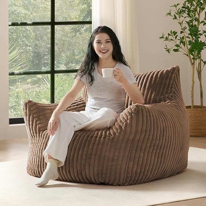 Giant Plush Bean Bag Chair for Adults with Armrests - Oversized Comfy Pink Beanbag Lounge Lazy Floor Sofa Accent Chair for Living Room, Bedroom & Dorm, Cozy Fluffy Single Cloud Mini Couch