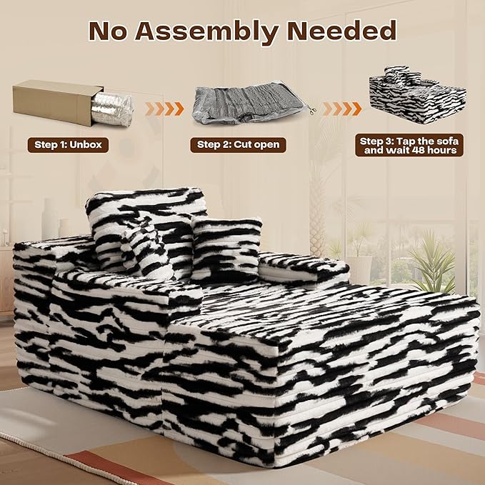 Chaise Lounge Chair Indoor, Oversized Sleeping Couch 67" L * 48.5" W Assembly Free Modern Minimalist Sofa, Extra Deep Large Single Seat Sofa for Living Room (Black&White Plush)