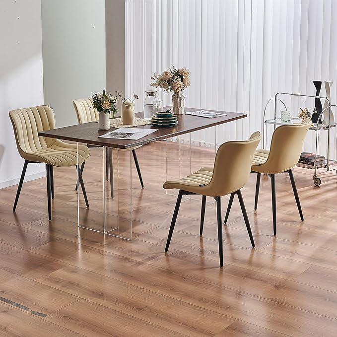 YOUNUOKE Mid-Century Modern Dining Chairs Set of 2, Beige PU Leather Upholstered Kitchen Chairs with Black Metal Legs, Armless Accent Chair for Dining Room, Guest Reception Room