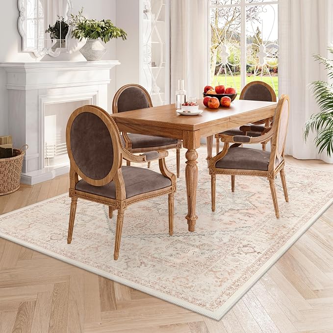 LIVEBOX Large Vintage Area Rug 6x9 - Washable Retro Tribal Pink Rug for Living Room, Soft Boho Anti-Skid Carpet Low-Pile Stain Resistant Floral Rugs for Girl Room Office