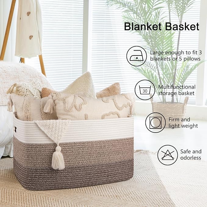 OIAHOMY Large Blanket Basket For Living Room, Rectangle Woven Baskets for Storage, Nursery Toy Storage With Handle-22”x17”x12”-Gradient Dark Brown