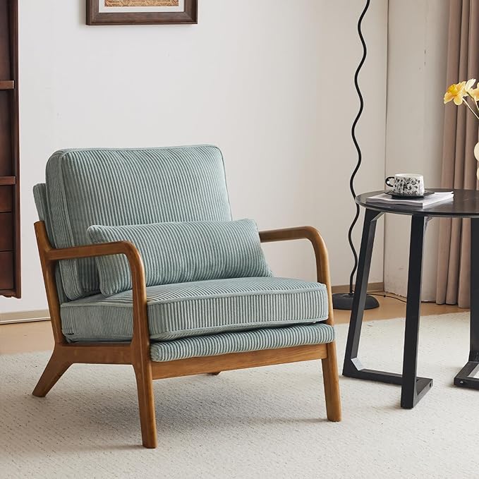 Karl home Mid-Century Modern Accent Chair, Living Room Chairs with Pillow Corduroy Upholstered Lounge Armchair with Solid Wood Frame & Soft Cushion for Bedroom, Reading Room, Teal
