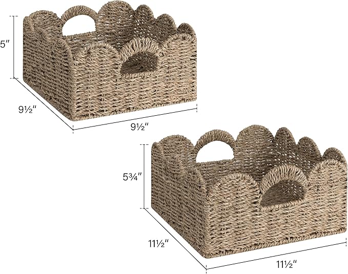 StorageWorks Scalloped Wicker Basket, Hand-woven Rattan Baskets with Built-in Handles, Seagrass Basket for Organizing and Decor, 2 Pack