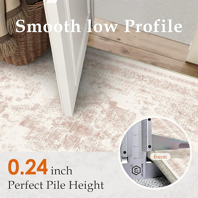 Washable Rug 9x12 Area Rug for Living Room Pink Vintage Boho Medallion Large Distressed Retro Carpet Non Slip Indoor Low Pile Small Soft Bedroom Dining Room Home Office