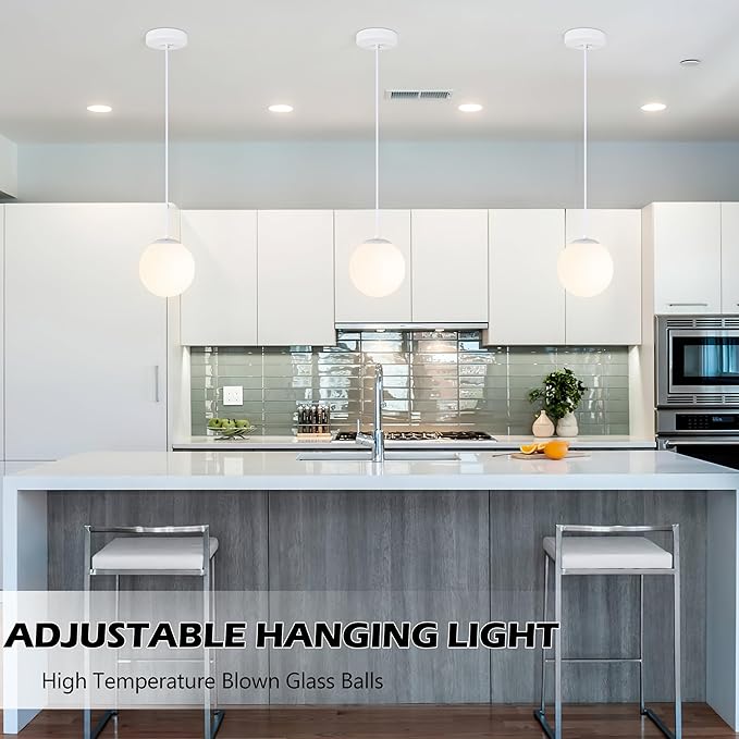 KoKo&Yukina 6 Inch Globe Pendant Light White Globe Pendant Lights Kitchen Island Mid Century Light Fixture with Milky White Glass Shade for Dining Room (2 Pack)