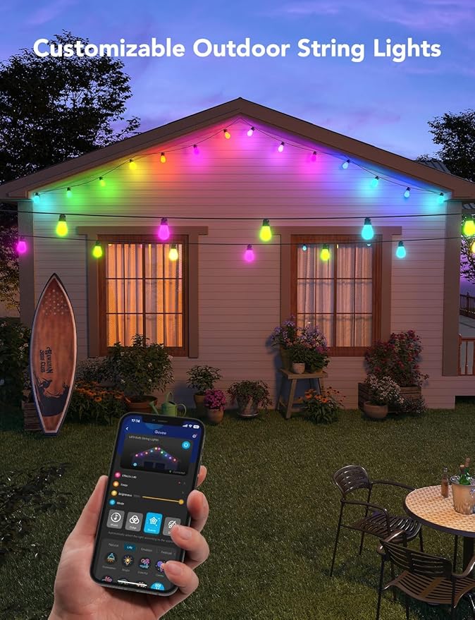 Govee Smart Outdoor String Lights H7016, 96ft RGBIC Outdoor Lights with 30 Dimmable LED Bulbs, IP65 Waterproof, Color Changing Warm White Lights with 47 Scene Modes for Patio, Backyard, App Control