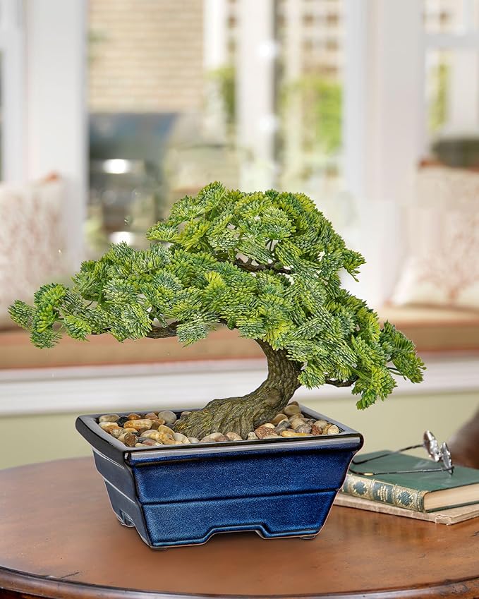 Artificial Bonsai Tree Faux Plants Indoor Fake Plants Decor with Blue Ceramic Pots for Home Table Office Desk Bathroom Shelf Bedroom Living Room Farmhouse Decor