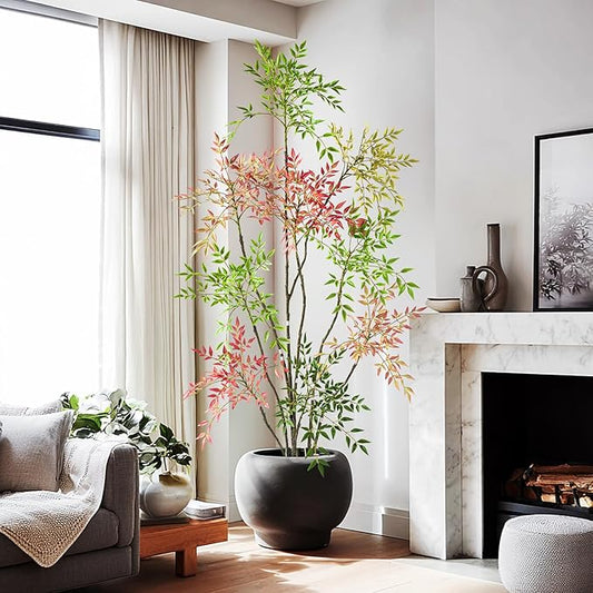 7.2ft Faux Bamboo Tree Artificial Nandina Tree Artificial Indoor Plants Realistic Fake Potted Tree with 800+ Leaves, Cement Planter - Home Office Decor Perfect for Housewarming Gift Non-Toxic