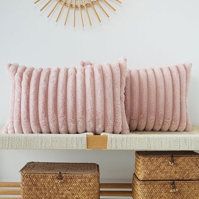 JOJUSIS Pack of 2 Faux Fur Plush Decorative Throw Pillow Covers Couch Cushion Case Soft Pillowcases (Pink, 12 x 20-Inch)