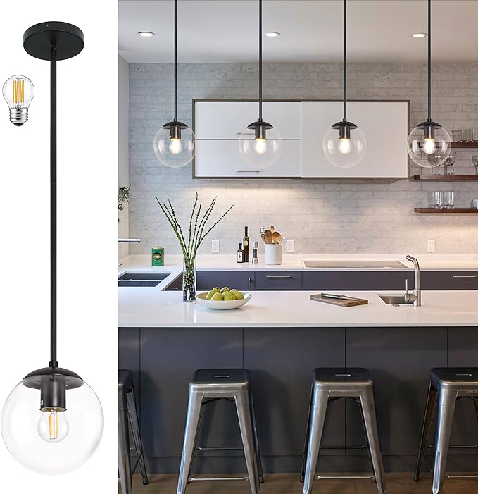 6 Inch Globe Pendant Light Black Mid Century Pendant Light Clear Glass Pendant Lights Kitchen Island Mid Century Adjustable Hanging Farmhouse Pendant Lights Fixtures for Kitchen Island