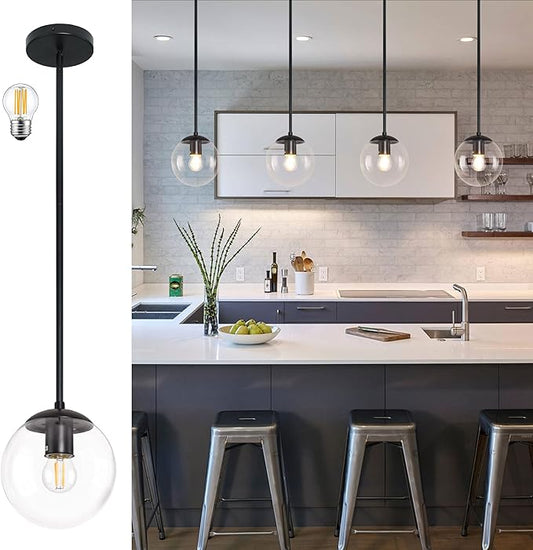6 Inch Globe Pendant Light Black Mid Century Pendant Light Clear Glass Pendant Lights Kitchen Island Mid Century Adjustable Hanging Farmhouse Pendant Lights Fixtures for Kitchen Island