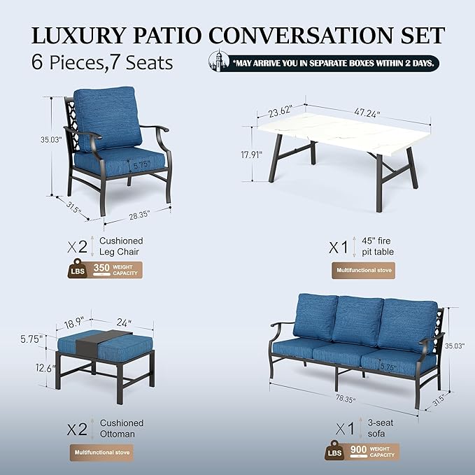 HERA'S HOUSE 6 Piece Patio Furniture Set, 2 x Metal Cushioned Chair, 2 x Cushioned Ottoman, 1 x 3-Seat Sofa with Marbling Coffee Table, Outdoor Conversation Set for Lawn Garden Backyard, Pacific Blue