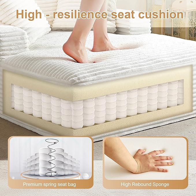 Boneless Couch Sofa Chiar Chaise Lounge Chair Indoor Upholstered Corduroy Couch Cloud Sleeper Sofa Oversized Reading Chair for Living Room No Assembly Required (White, 50" W x 80" D)