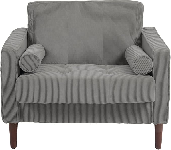 UIXE Corduroy Accent Chairs Set of 2, Modern Upholstered Living Room Arm Chair Bedroom Reading Armchair with Bolster Pillows, Mid-Century Track Armrest Tufted Single Sofa Seat (Light Gray)