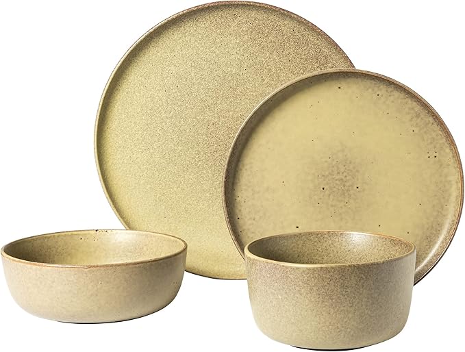 Gibson Elite James Street 16 Piece Stoneware Matte Reactive Double Bowl Dinnerware Set - Toast Cream, Service for 4 (16pcs)