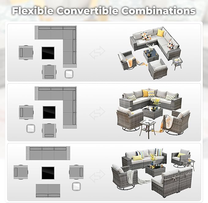 ovios 9 Pieces Patio Furniture Set, Outdoor Wicker Sectional Sofa with 2 Swivel Chairs Coffee Table, Modern Modular Deep Seat Rattan Couch Conversation Sets, Beige