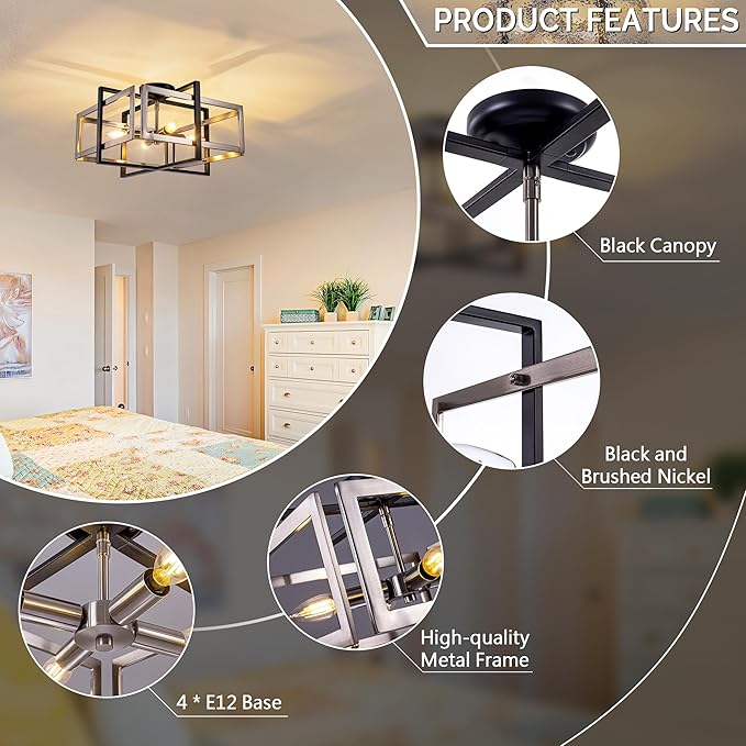 TOCHIC Flush Mount Ceiling Light, Black and Brushed Nickel Farmhouse Flush Mount Chandelier 4 Lights Industrial Metal Light Fixture for Dining Room, Living Room, Kitchen, Foyer, Hallway, Bedroom